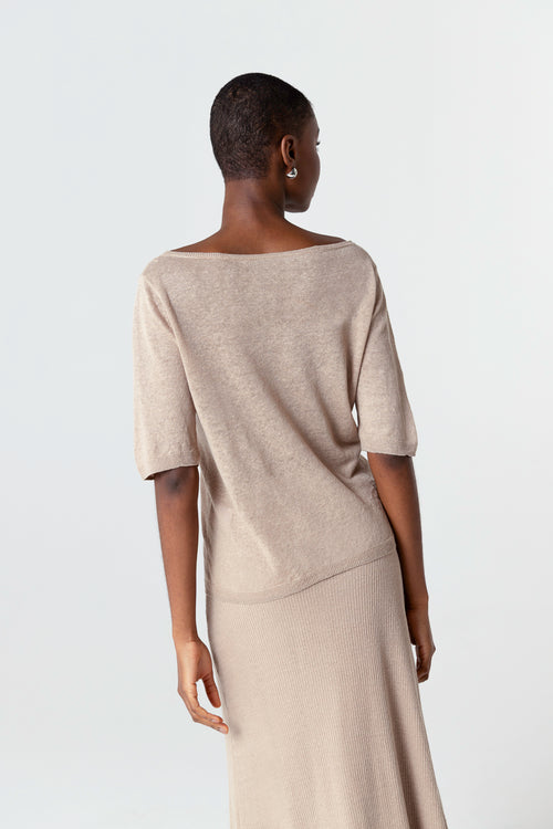 Pull Beige Col Rond Manches Courtes en Lin - MAJESTIC FILATURES