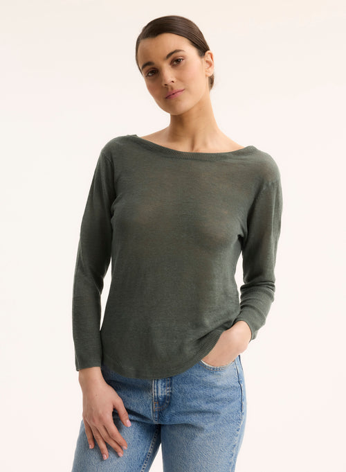 Pull Vert Col Bateau Manches Trois quarts - MAJESTIC FILATURES