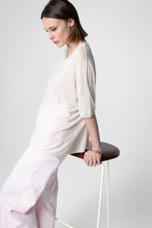 Pullover mit Rundhalsausschnitt Kurze Ärmel aus Leinen in Creme - MAJESTIC FILATURES