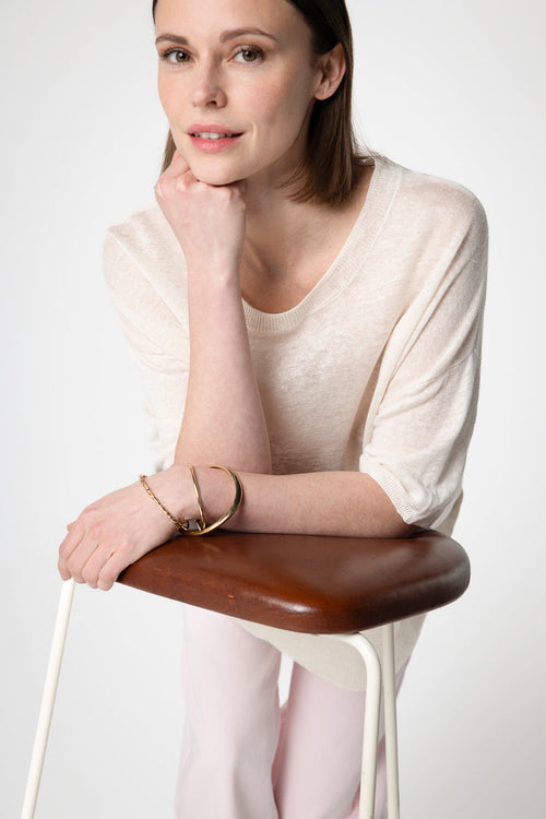 Pullover mit Rundhalsausschnitt Kurze Ärmel aus Leinen in Creme - MAJESTIC FILATURES