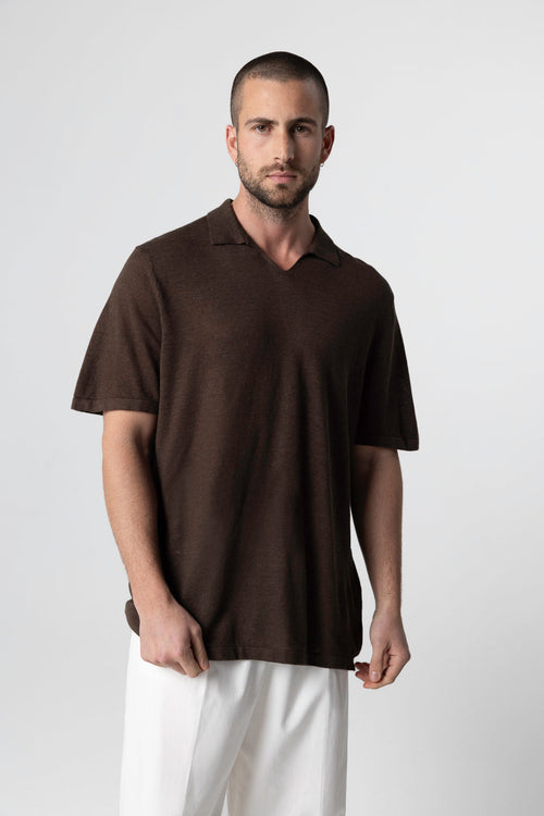 Polo Marron Foncé Manches Courtes en Lin - MAJESTIC FILATURES