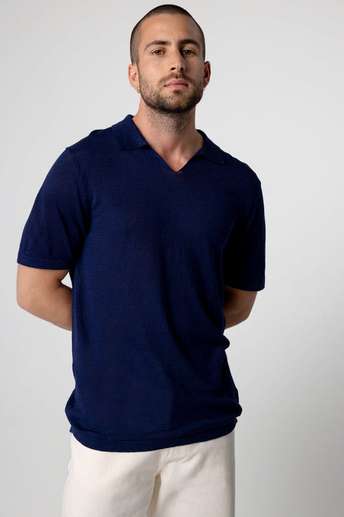 Kurzärmeliges Polohemd aus Leinen in Blue Moon - MAJESTIC FILATURES