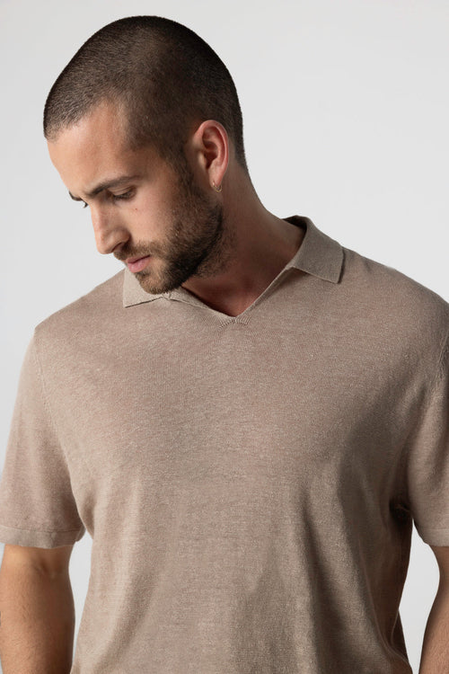 Kurzarm-Polohemd aus Leinen in Wüstensandfarbe - MAJESTIC FILATURES