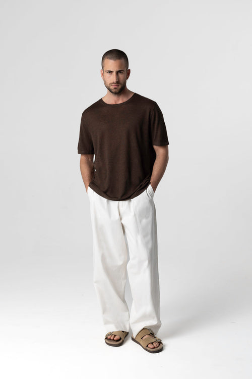 T-shirt Marron Foncé Col Rond Manches Courtes en Lin - MAJESTIC FILATURES