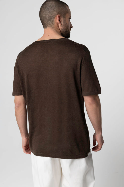 T-shirt Marron Foncé Col Rond Manches Courtes en Lin - MAJESTIC FILATURES