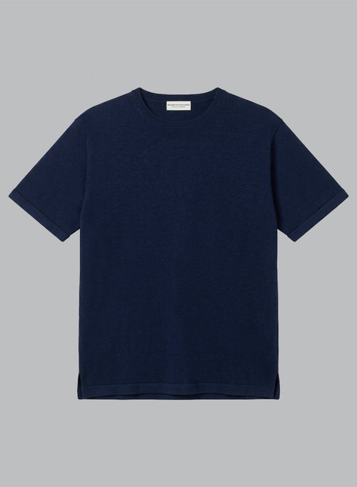 Blue Round-Neck Short-Sleeve Linen Sweater - MAJESTIC FILATURES
