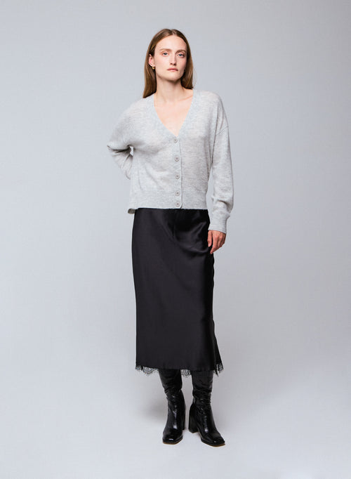 Gilet Gris Col V Manches Longues en Laine / Soie / Cachemire - MAJESTIC FILATURES