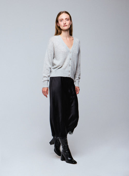 Gilet Gris Col V Manches Longues en Laine / Soie / Cachemire - MAJESTIC FILATURES