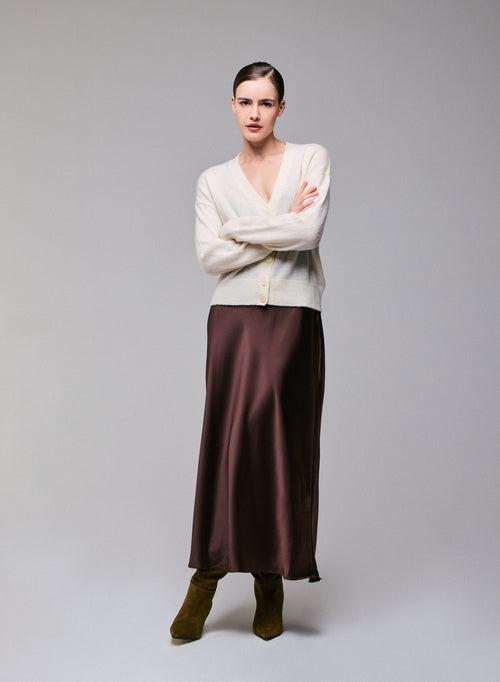 White V-neck Long-sleeved Cardigan In Wool / Silk / Cashmere  - MAJESTIC FILATURES