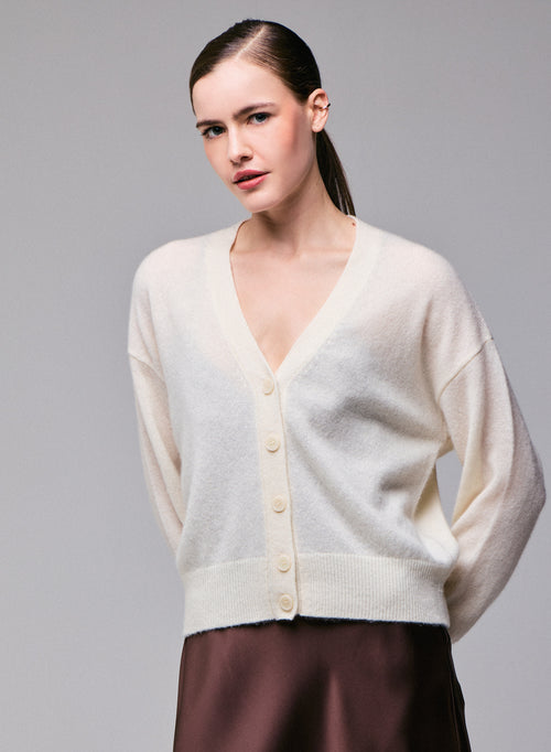 White V-neck Long-sleeved Cardigan In Wool / Silk / Cashmere  - MAJESTIC FILATURES