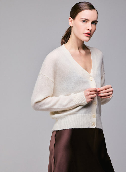 White V-neck Long-sleeved Cardigan In Wool / Silk / Cashmere  - MAJESTIC FILATURES