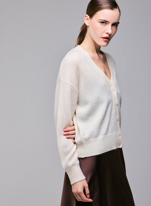 White V-neck Long-sleeved Cardigan In Wool / Silk / Cashmere  - MAJESTIC FILATURES