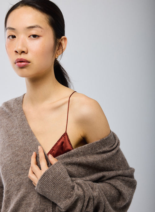 Gilet Beige Col V Manches Longues en Laine / Soie / Cachemire - MAJESTIC FILATURES