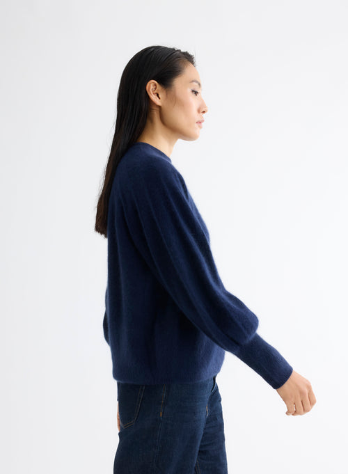 Navy Round Neck Sweater Long Raglan Sleeves - MAJESTIC FILATURES