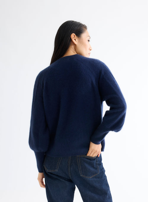 Navy Round Neck Sweater Long Raglan Sleeves - MAJESTIC FILATURES