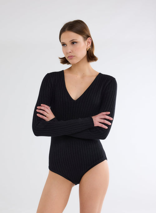 Black Ribbed Lurex V-Neck Long Sleeve Cotton and Viscose Bodysuit - MAJESTIC FILATURES