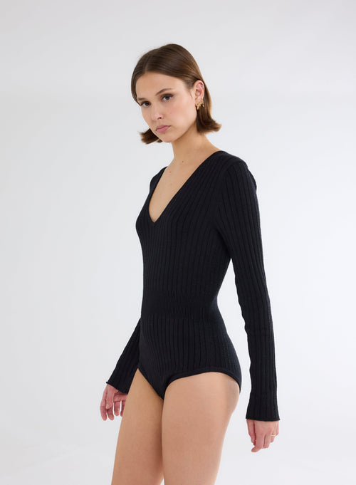 Black Ribbed Lurex V-Neck Long Sleeve Cotton and Viscose Bodysuit - MAJESTIC FILATURES