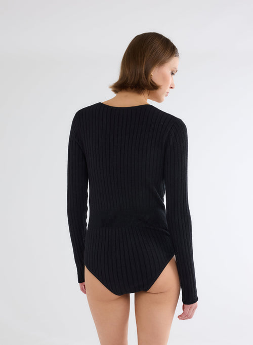 Black Ribbed Lurex V-Neck Long Sleeve Cotton and Viscose Bodysuit - MAJESTIC FILATURES