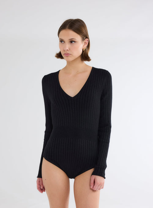 Black Ribbed Lurex V-Neck Long Sleeve Cotton and Viscose Bodysuit - MAJESTIC FILATURES