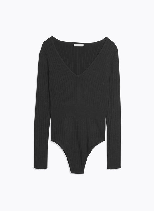 Black Ribbed Lurex V-Neck Long Sleeve Cotton and Viscose Bodysuit - MAJESTIC FILATURES