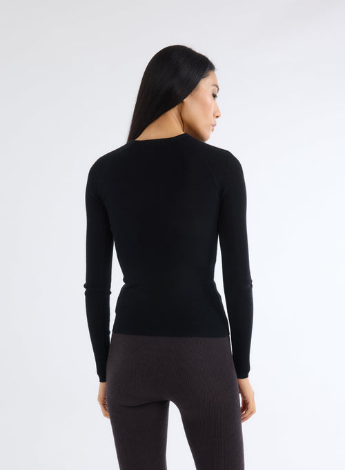 Pull Noir Col Rond Manches Longues - MAJESTIC FILATURES