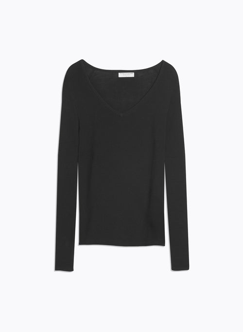 Pull Noir Col V Manches Longues en Laine merinos / Soie - MAJESTIC FILATURES
