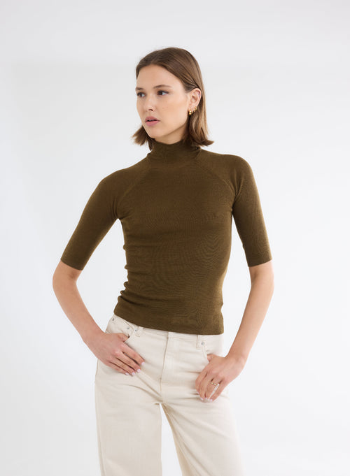 Pull Kaki Col Montant Manches Coudes - MAJESTIC FILATURES