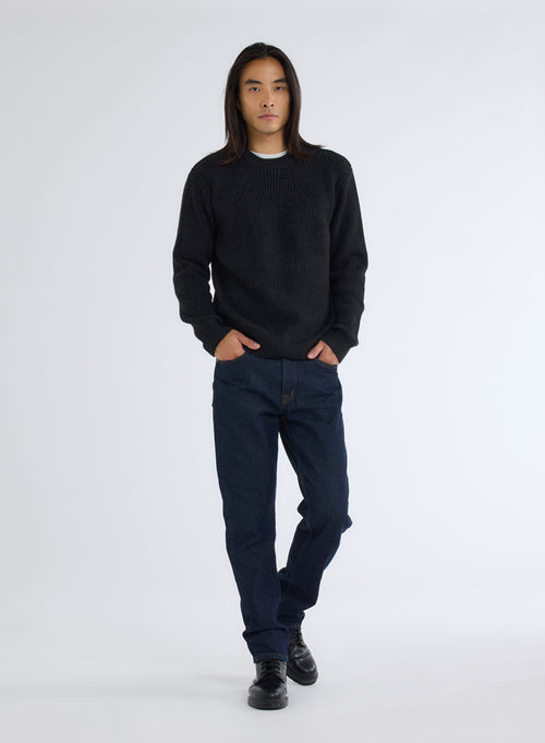 Black Round Neck Long Sleeve Merino Wool Sweater - MAJESTIC FILATURES