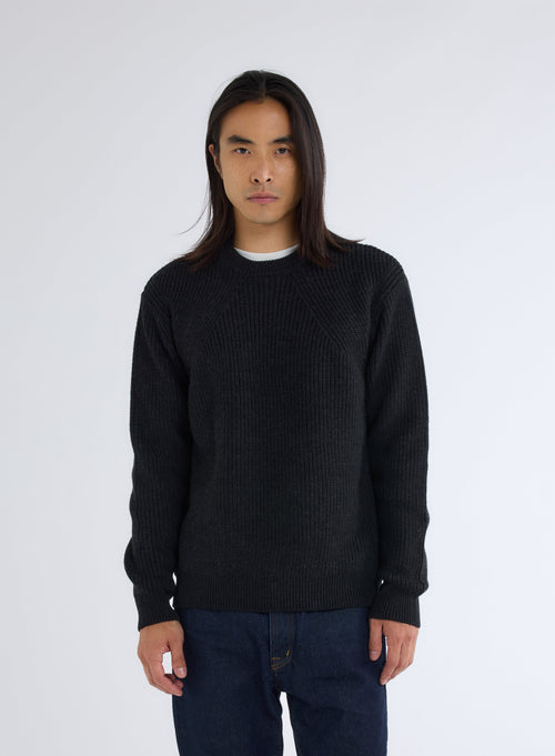 Black Round Neck Long Sleeve Merino Wool Sweater - MAJESTIC FILATURES