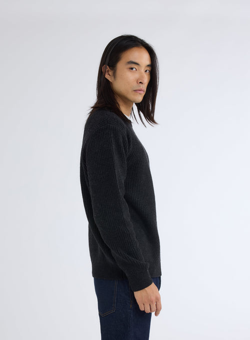 Black Round Neck Long Sleeve Merino Wool Sweater - MAJESTIC FILATURES