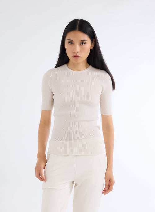 Pull Blanc Col Rond Manches Coudes - MAJESTIC FILATURES