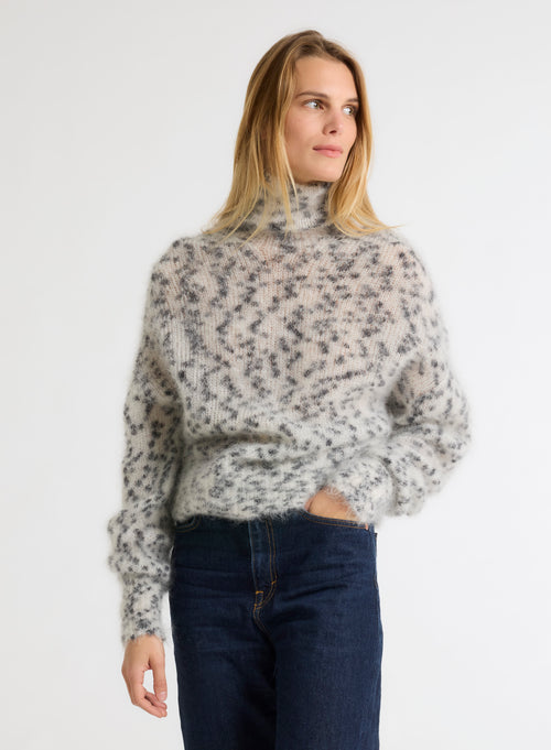 Pull Blanc et Noir Col Roulé Manches Longues en Mohair et Laine Mérinos - MAJESTIC FILATURES