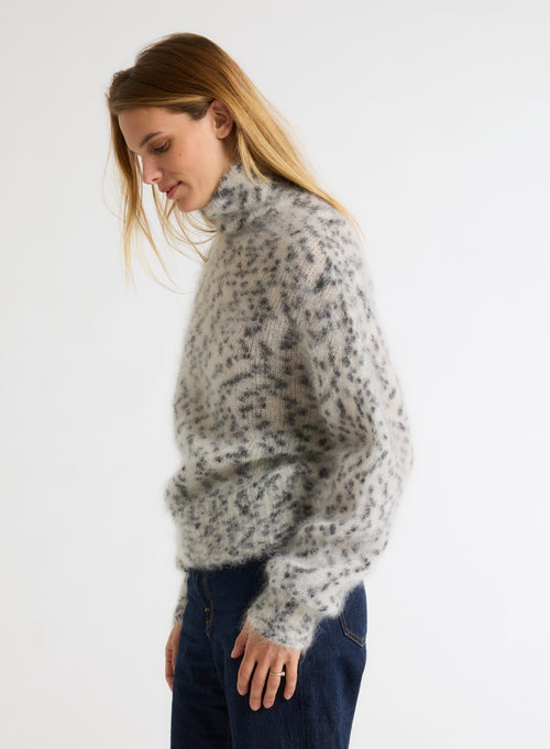 Pull Blanc et Noir Col Roulé Manches Longues en Mohair et Laine Mérinos - MAJESTIC FILATURES