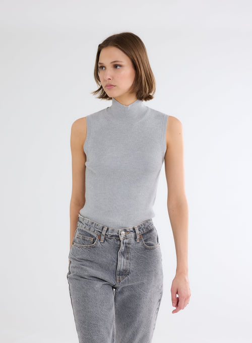 Pull Gris Col Montant Sans Manches en Laine Mérinos - MAJESTIC FILATURES