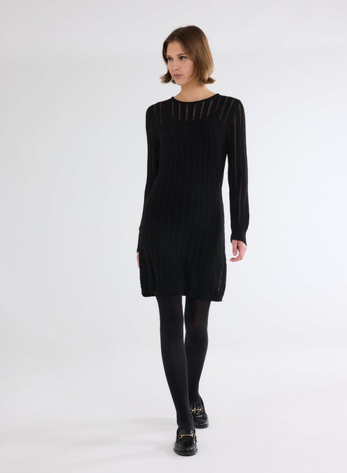 Dress Black Lurex Round Neck Long Sleeve in Viscose - MAJESTIC FILATURES