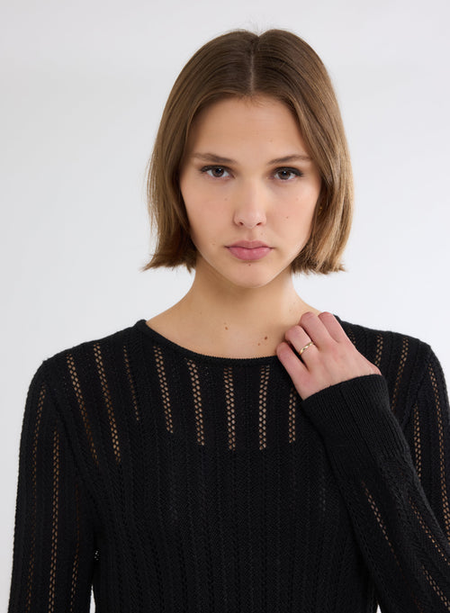 Dress Black Lurex Round Neck Long Sleeve in Viscose - MAJESTIC FILATURES