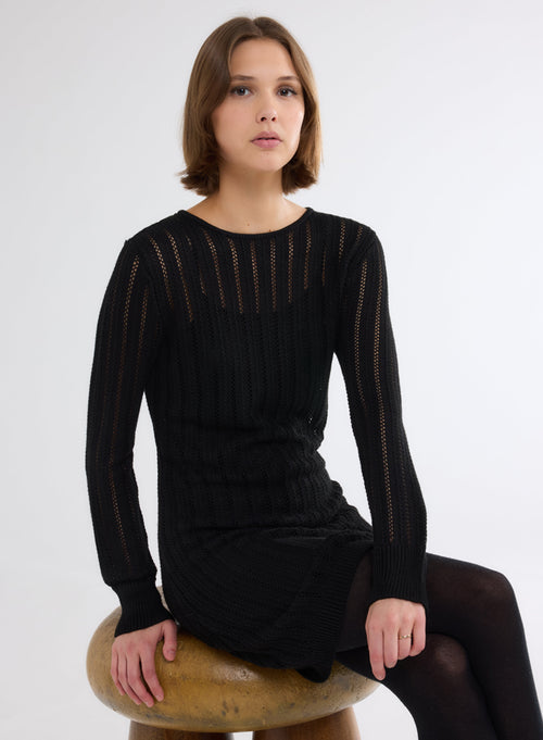 Dress Black Lurex Round Neck Long Sleeve in Viscose - MAJESTIC FILATURES