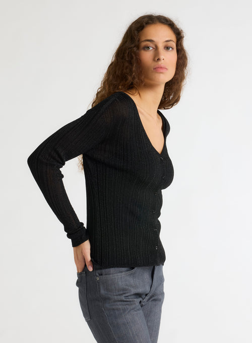 Black V-neck Long Sleeve Vest - MAJESTIC FILATURES