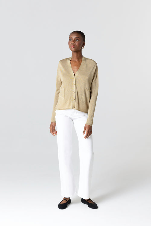 Strickjacke mit Knopfleiste und langen Ärmeln aus Acetat / Metallfaser / Polyamid in Gold - MAJESTIC FILATURES