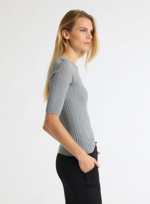 Gray Sweater with Round Neck and Elbow Sleeves - MAJESTIC FILATURES