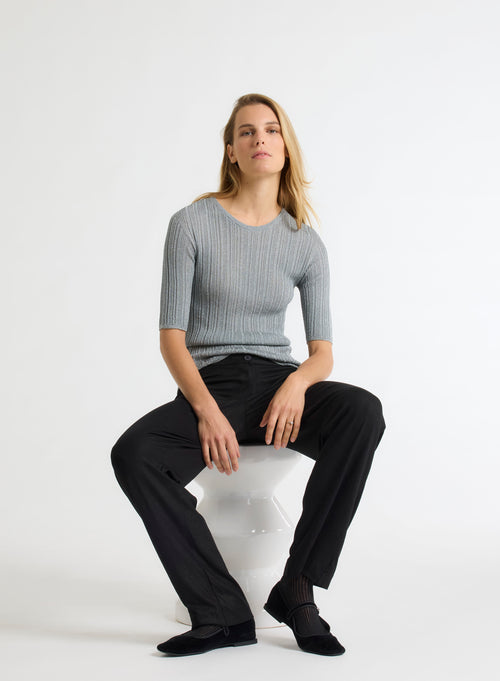 Gray Sweater with Round Neck and Elbow Sleeves - MAJESTIC FILATURES