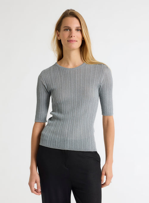 Gray Sweater with Round Neck and Elbow Sleeves - MAJESTIC FILATURES