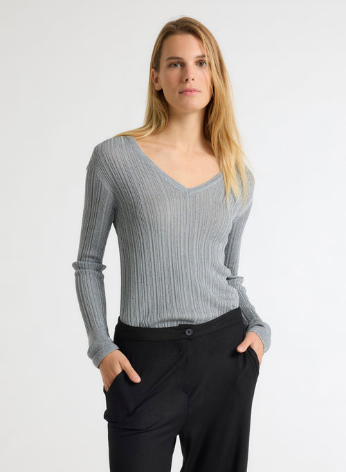 Pullover grau V-Ausschnitt Langarm - MAJESTIC FILATURES