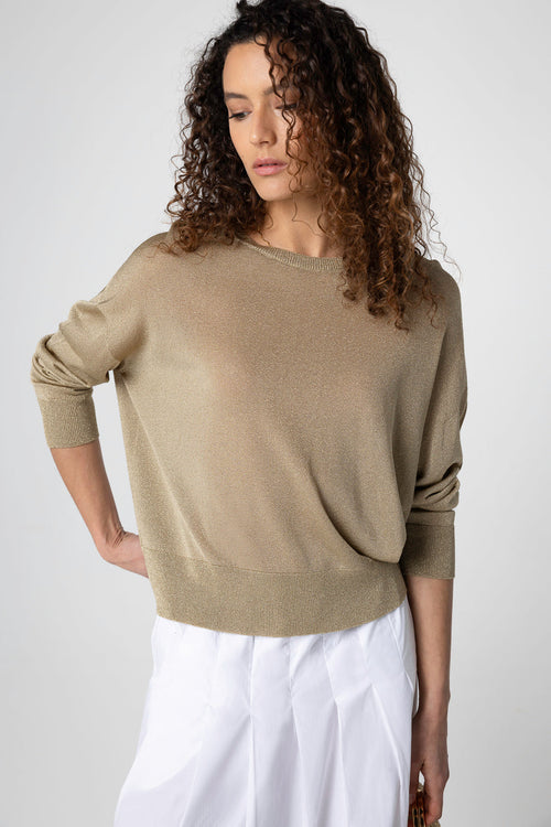 Pull Doré Col Rond Manches Longues en Acetate / Fibre métallisée / Polyamide - MAJESTIC FILATURES