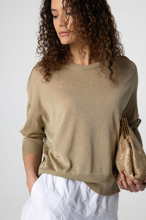 Pull Doré Col Rond Manches Longues en Acetate / Fibre métallisée / Polyamide - MAJESTIC FILATURES