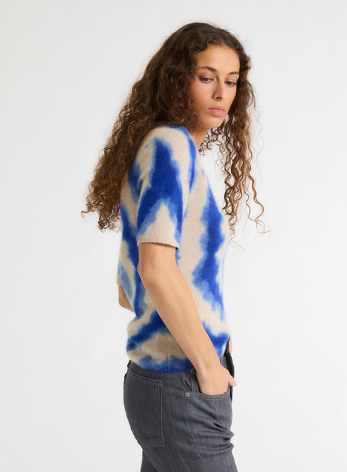 T-shirt Bleu Col V Manches Courtes - MAJESTIC FILATURES