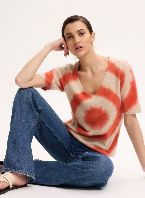 Orange V-Neck Short Sleeve Sweater - MAJESTIC FILATURES