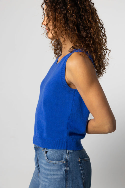 Blue sleeveless cashmere round neck tank top - MAJESTIC FILATURES