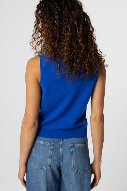 Blue sleeveless cashmere round neck tank top - MAJESTIC FILATURES