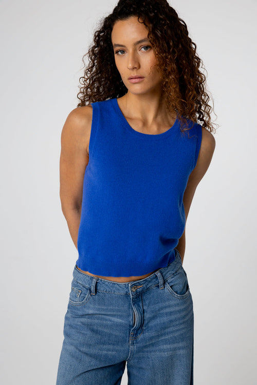 Blue sleeveless cashmere round neck tank top - MAJESTIC FILATURES